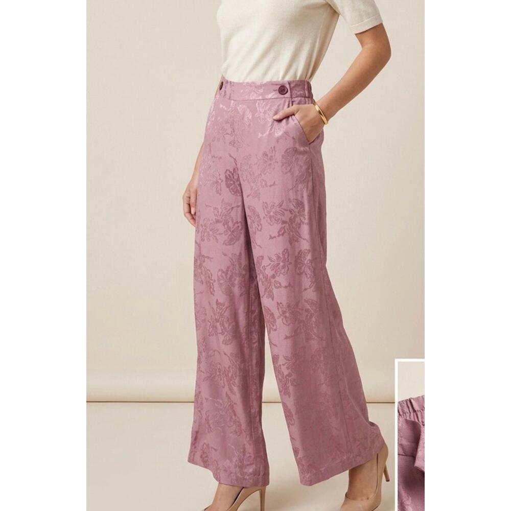 NWT Nekane NKN Romantic Pink Jacquard Wide Leg Pants Floral Brocade Boho M